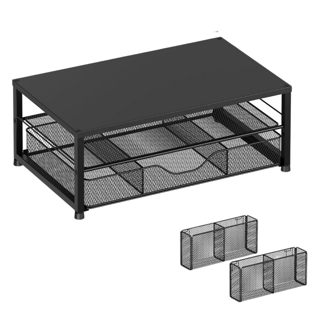 2-Tier Metal Monitor Stand with Drawer and Side Storage Organizer