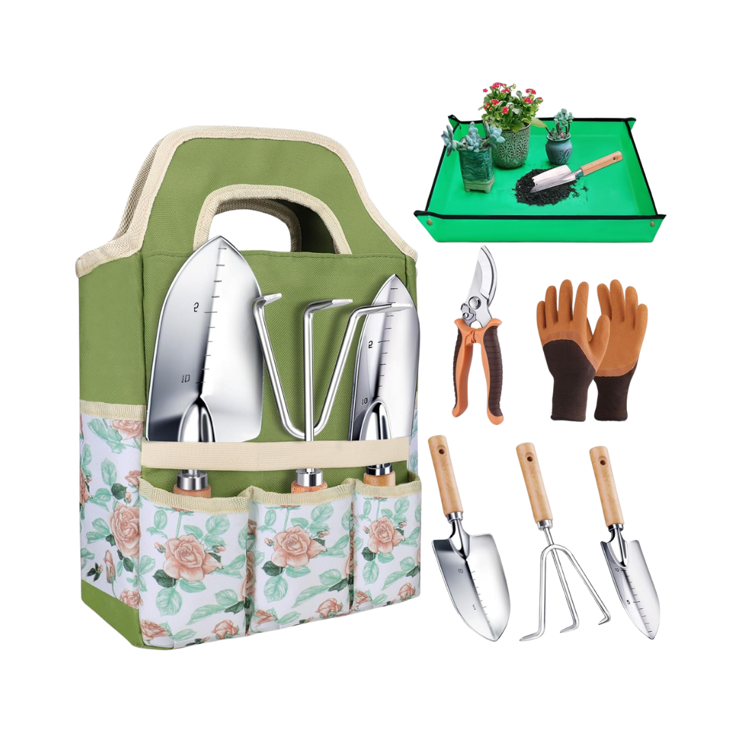 8-Piece Garden Tool Set with Tote Bag, Gloves & Aluminum Tools