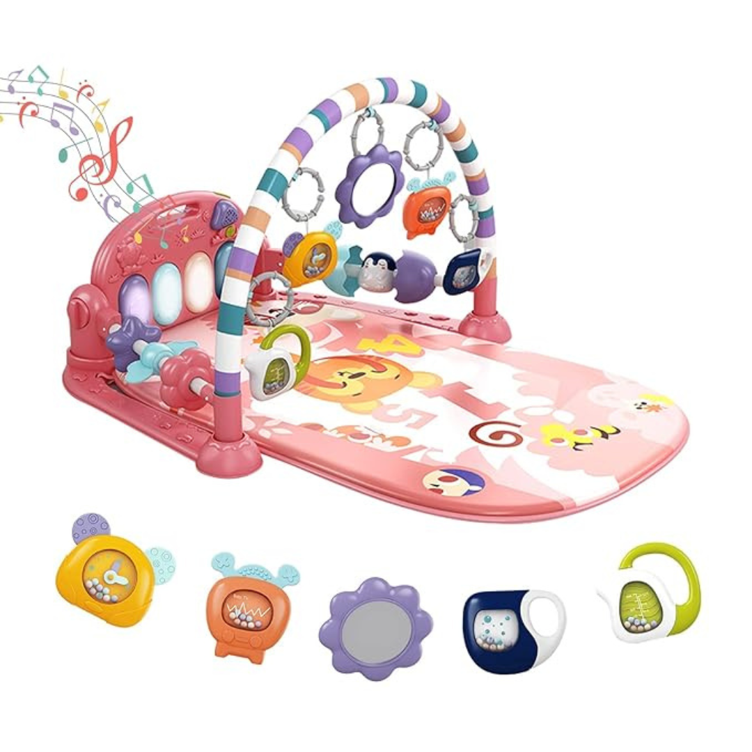 Baby Play Gym with Kick Piano, Hanging Toys and Mirror for Newborns