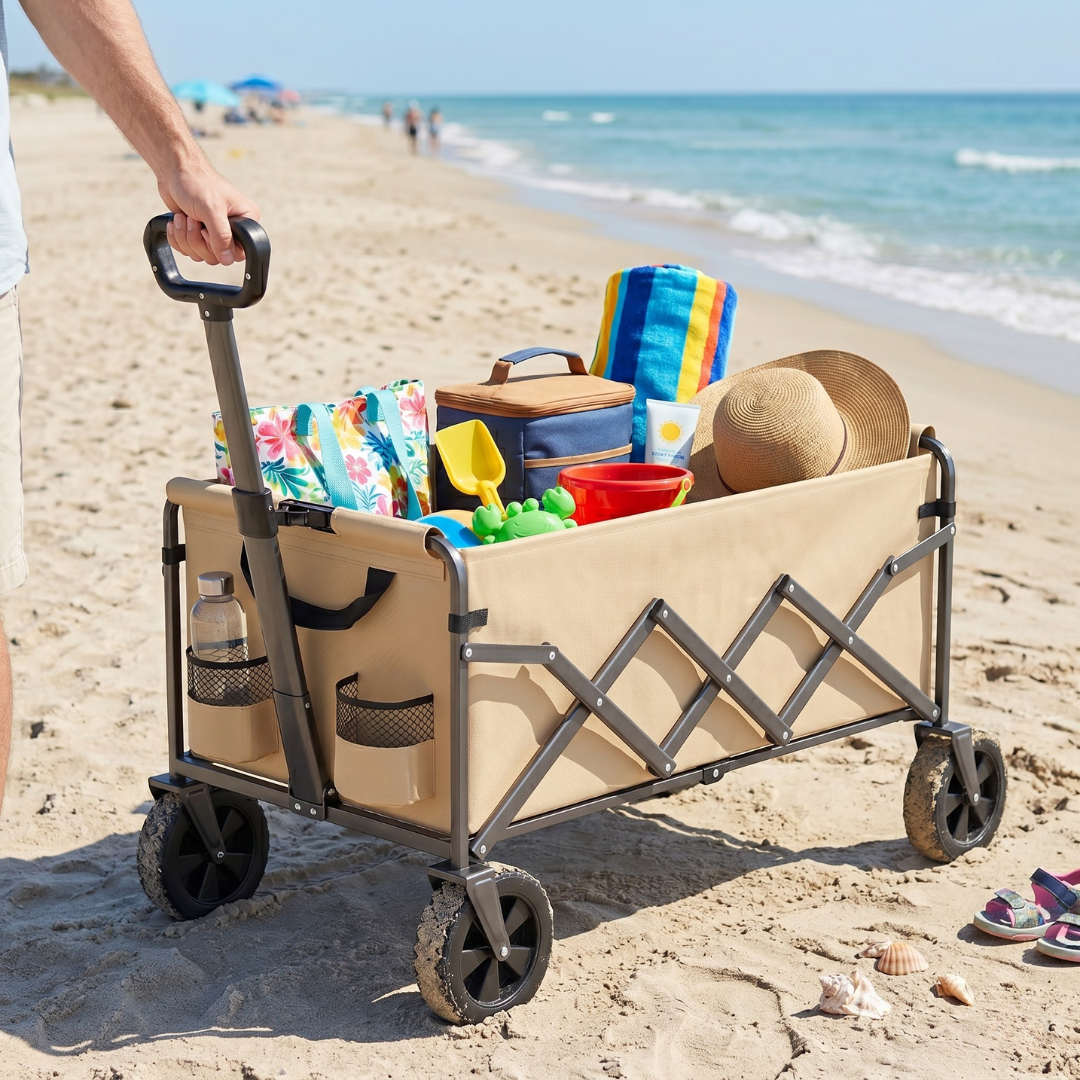 Foldable Utility Wagon Cart with Adjustable Handle and Steel Frame