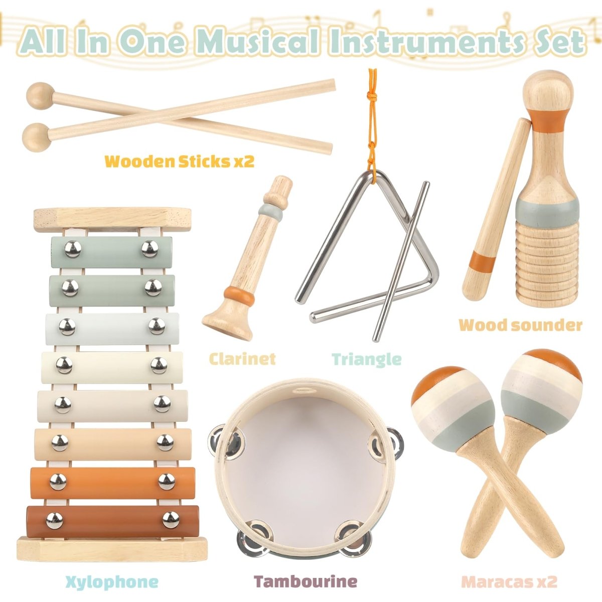 Montessori Wooden Music Set with Drum, Xylophone, Maracas for Kids