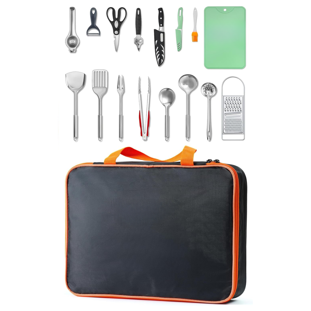 Outdoor Cooking Utensil Set with Stainless Steel Tools & Travel Bag