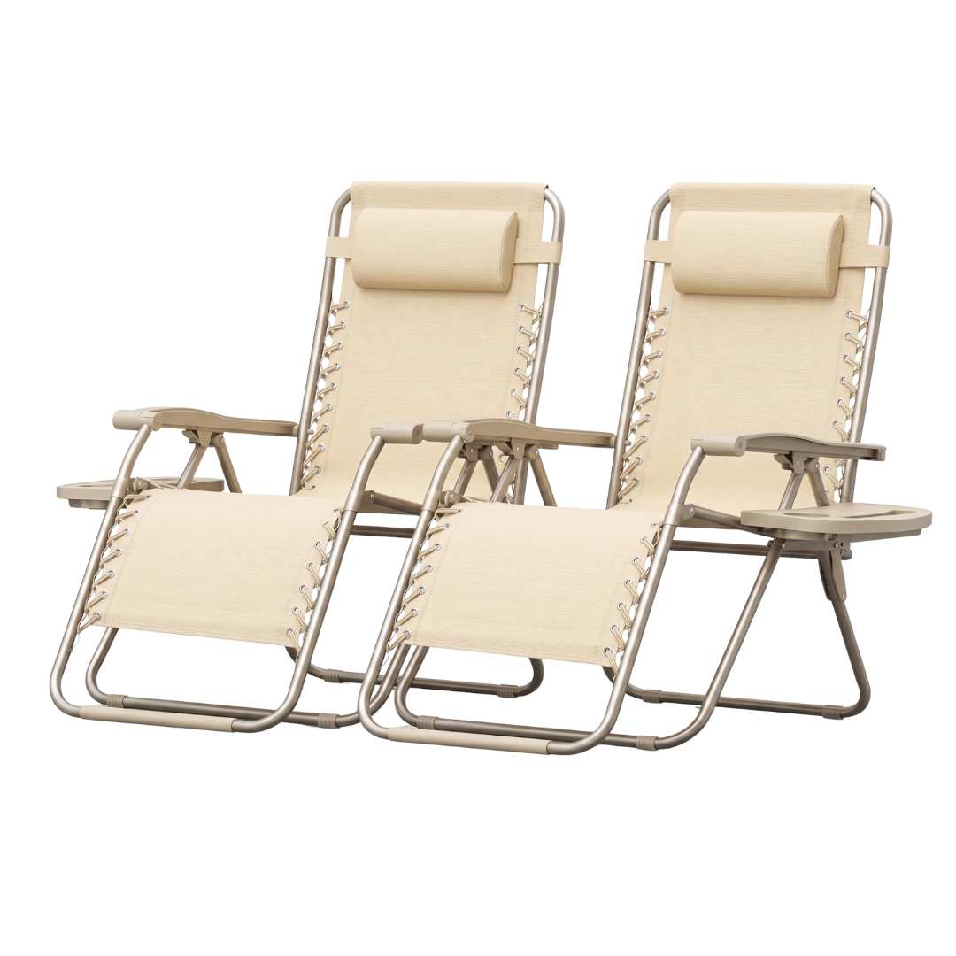 Set of 2 Folding Reclining Patio Chairs with Pillows and Cup Holders