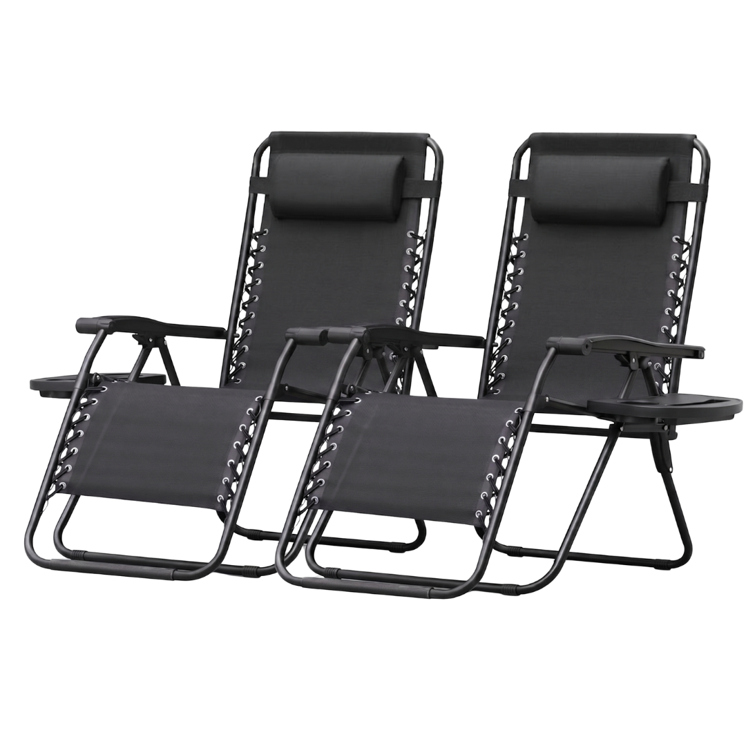 Set of 2 Folding Reclining Patio Chairs with Pillows and Cup Holders