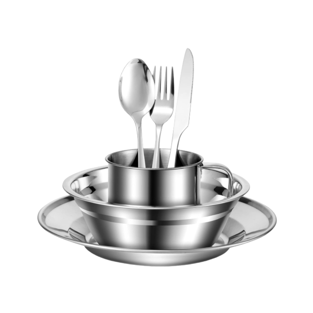Stainless Steel Camping Dinnerware Set with Mesh Storage, 29-Piece Set