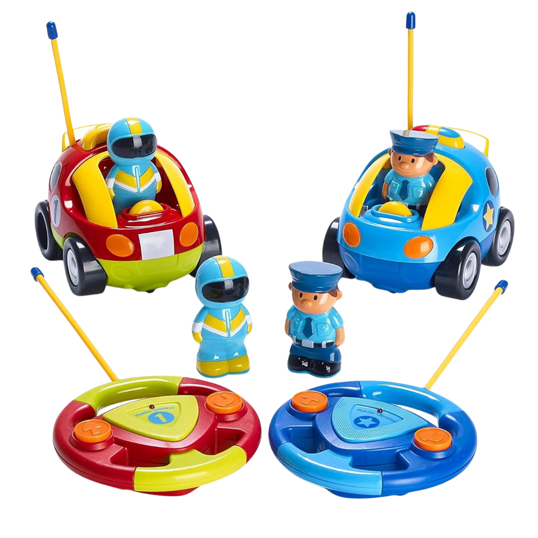 2-Pack Cartoon RC Cars for Toddlers with Lights, Music, and Figures