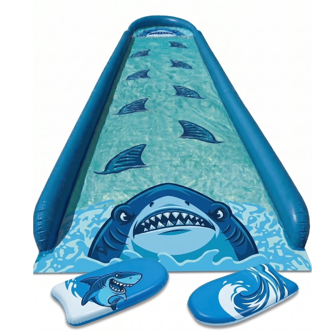 30 ft Shark Water Slide with 2 Bodyboards and Built-In Sprinkler