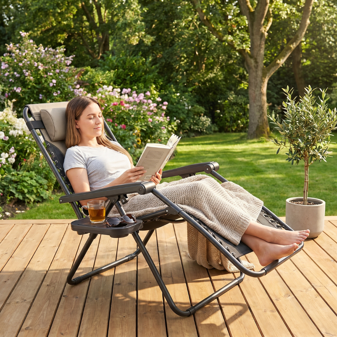 Foldable Patio Reclining Chair 400 lb Capacity with Cup Holder