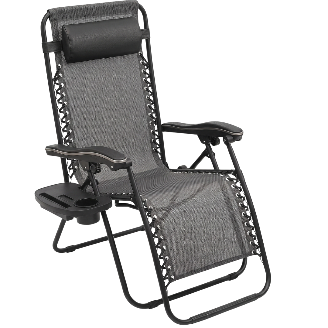 Folding Reclining Chair with Adjustable Pillow and Cup Holder Tray