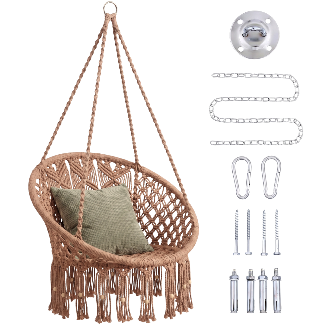 Handwoven Macrame Hammock Swing Chair with Hanging Hardware Kit
