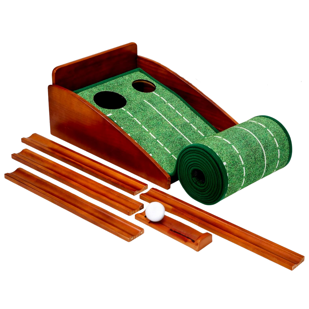 Indoor Golf Putting Mat with Wooden Base and Auto Ball Return
