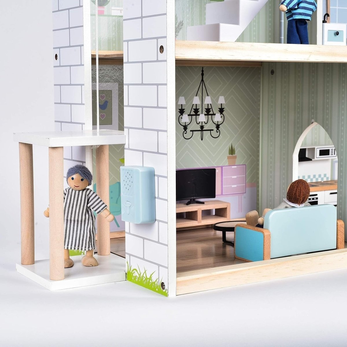 Pink/White Wooden Dollhouse Set with Elevator, Furniture & Dolls