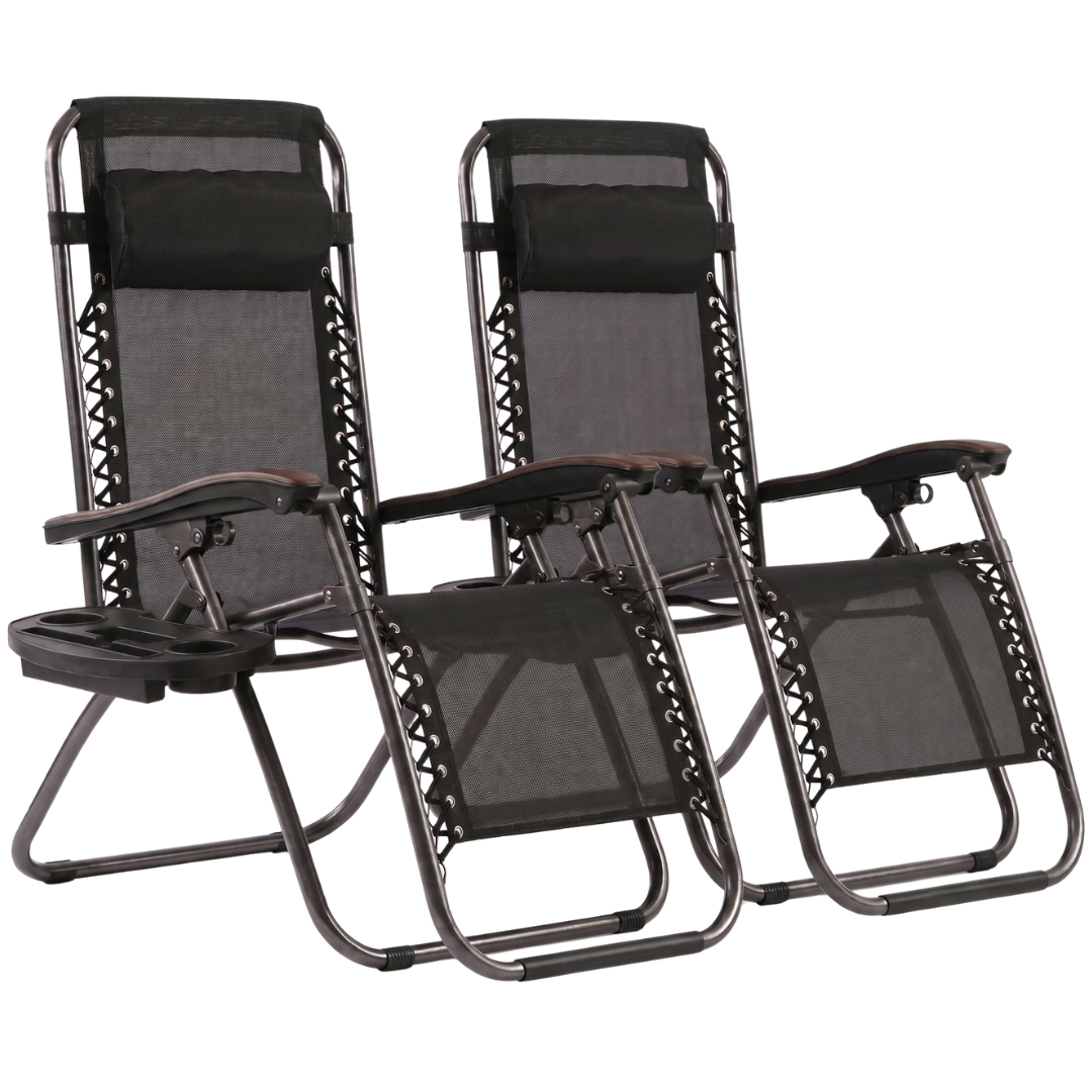 Set of 2 Folding Reclining Patio Lounge Chairs with Cup Holder Trays