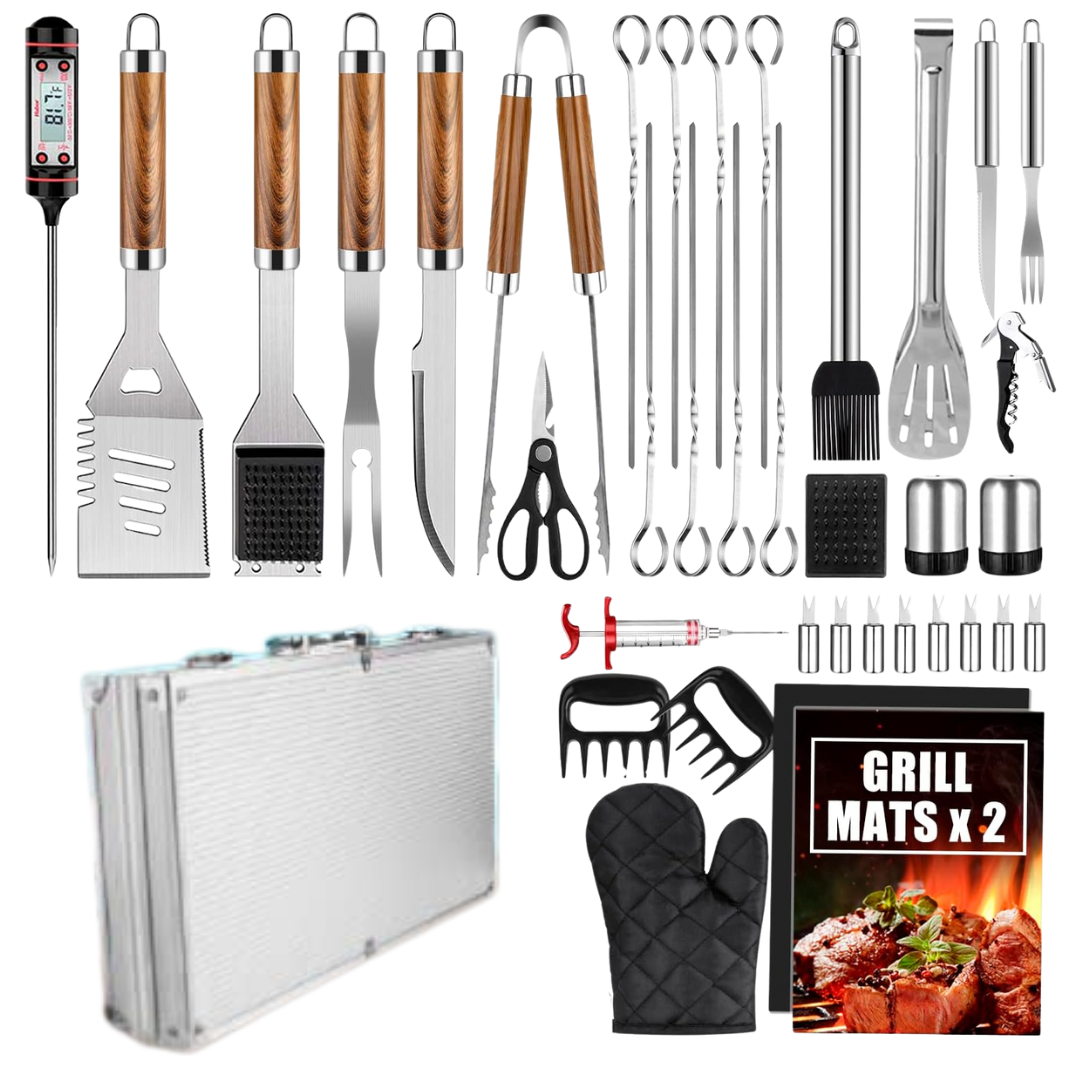 Stainless Steel BBQ Grill Tool Set with Aluminum Storage Case