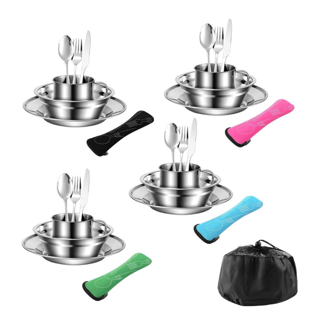 Stainless Steel Camping Dinnerware Set with Mesh Storage, 29-Piece Set