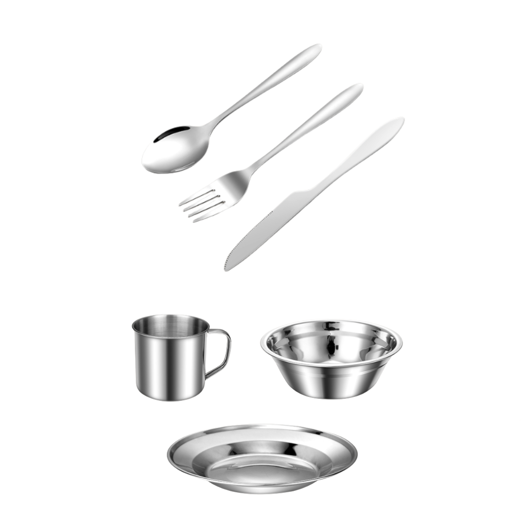 Stainless Steel Camping Dinnerware Set with Mesh Storage, 29-Piece Set