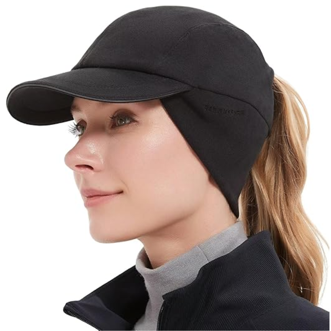 Women's Fleece Ponytail Hat with Ear Warmer and Reflective Trim